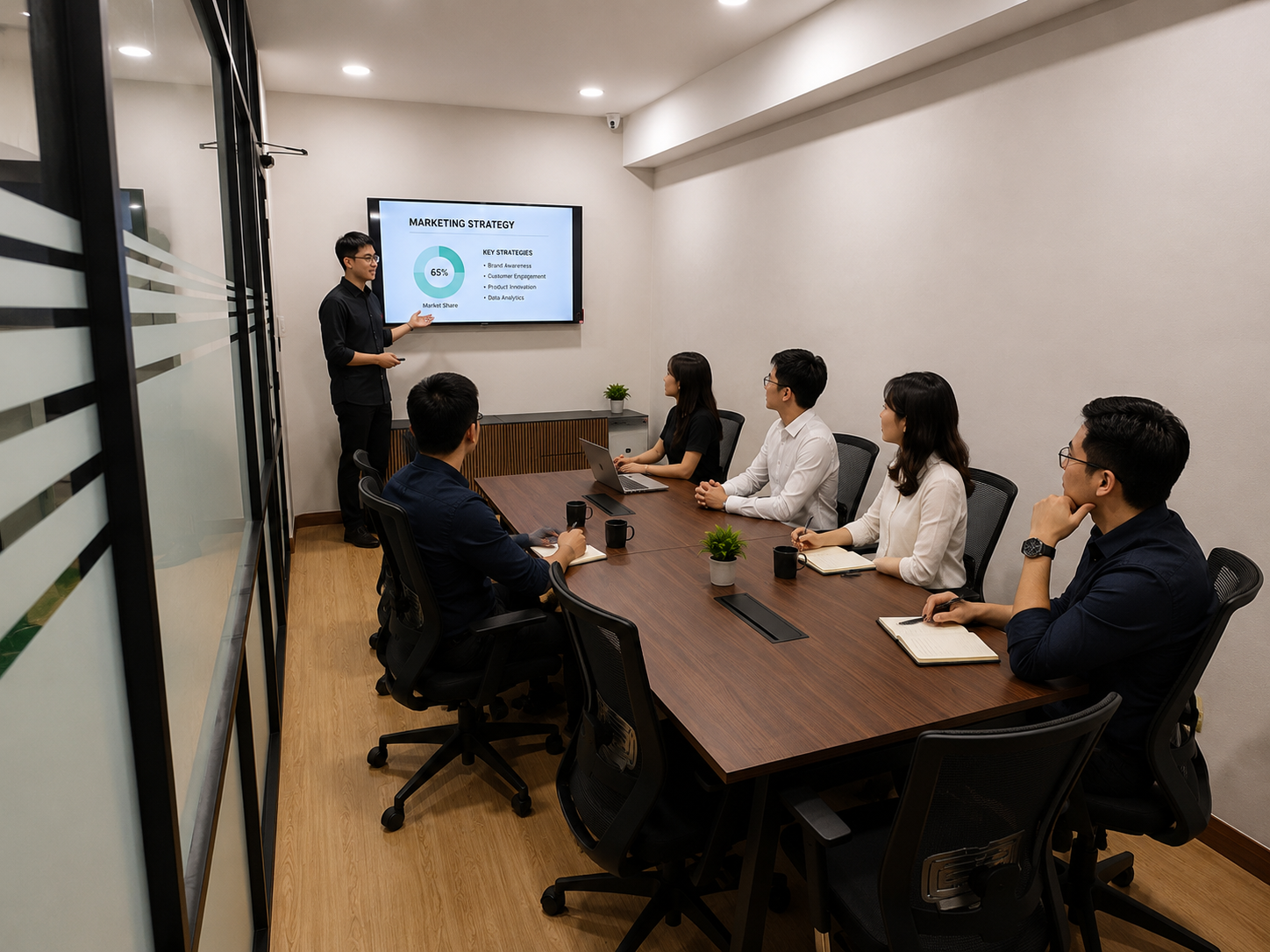 Ergonomic conference meeting room with large display screen